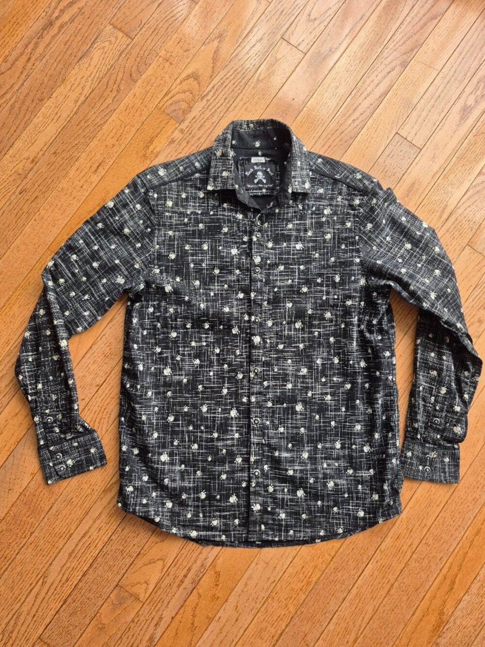 Rock Roll-n-Soul Shirt Skull Crossbone Cotton Button-Up Small